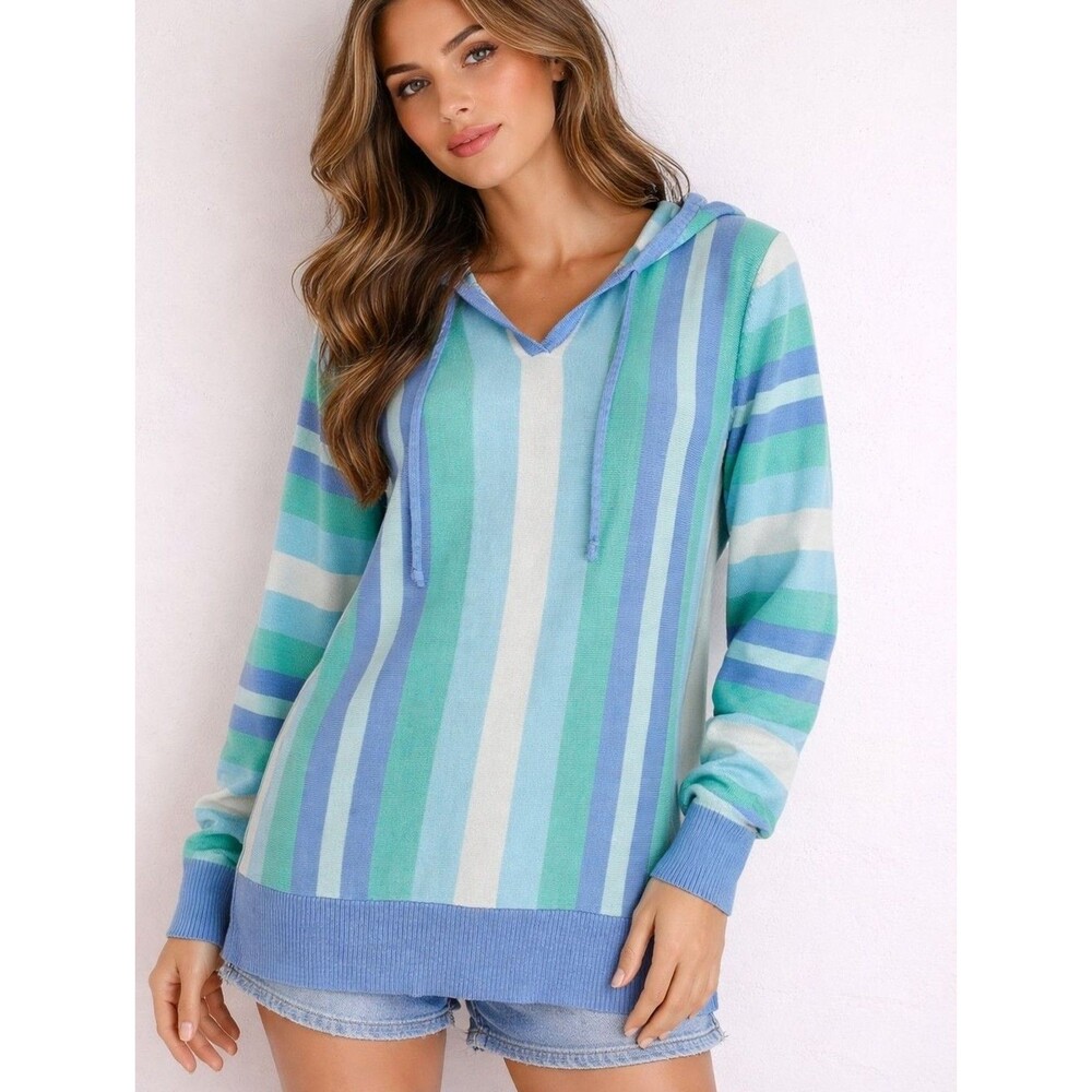 Belle Beach By Kim Gravel Hooded Sweater Vertical Stripes Sz XXS Resortwear